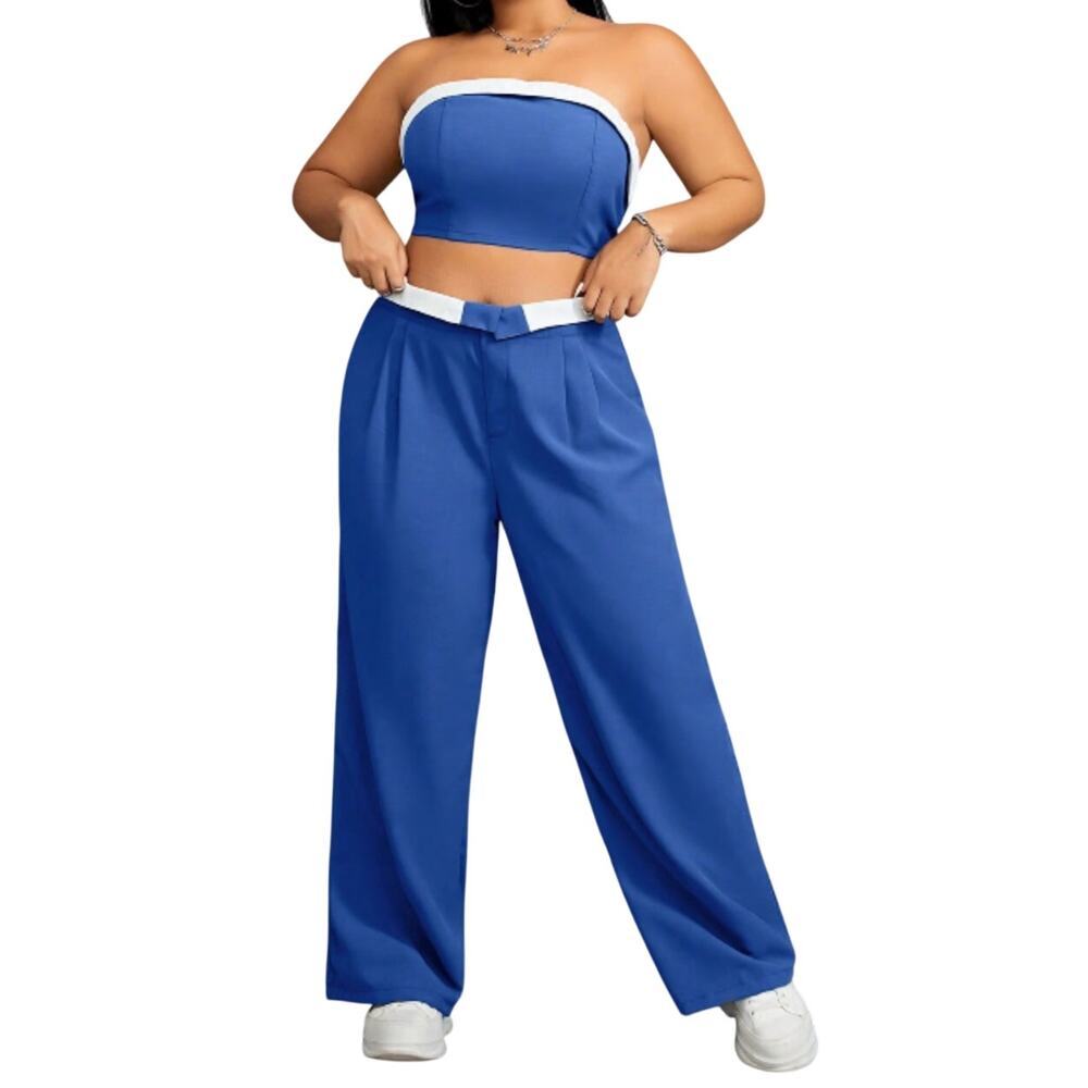 Women's Colorblock Strapless Top and Pants Set in Blue, Size L​